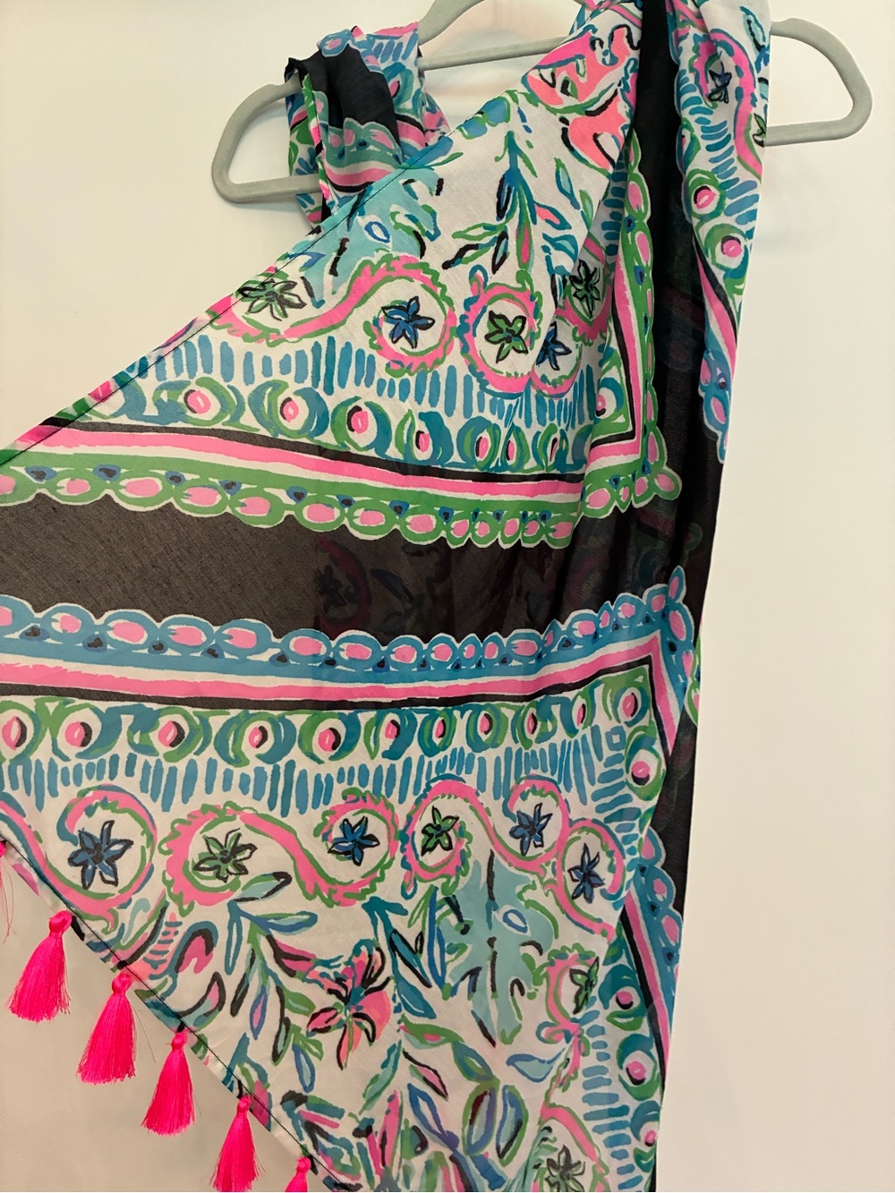 Lilly Pulitzer Pink, Aqua & Black Tassel Floral Scarf/Sarong